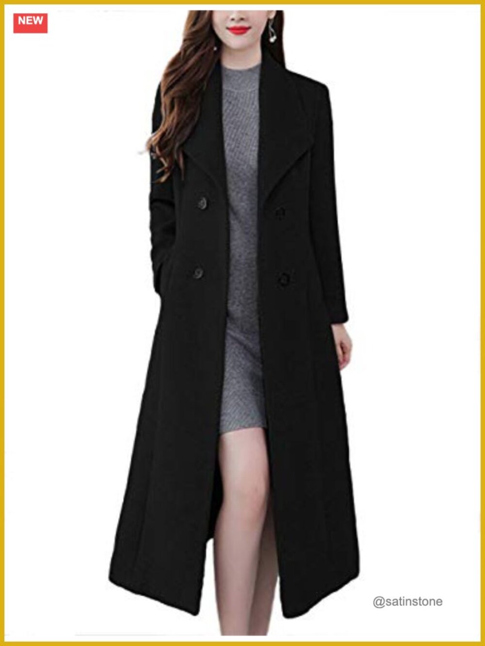 Wool Blend Maxi Pea Coat Double Breasted Shawl Collar A-Line Overcoat